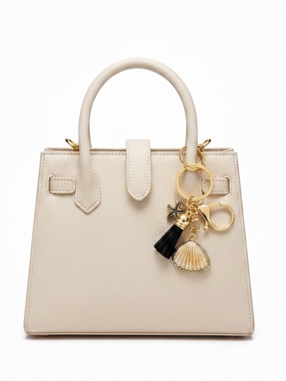 Clam Shell Black Starfish Faux Leather Tassel 2" Gold Bag Charm Keychain Ring
